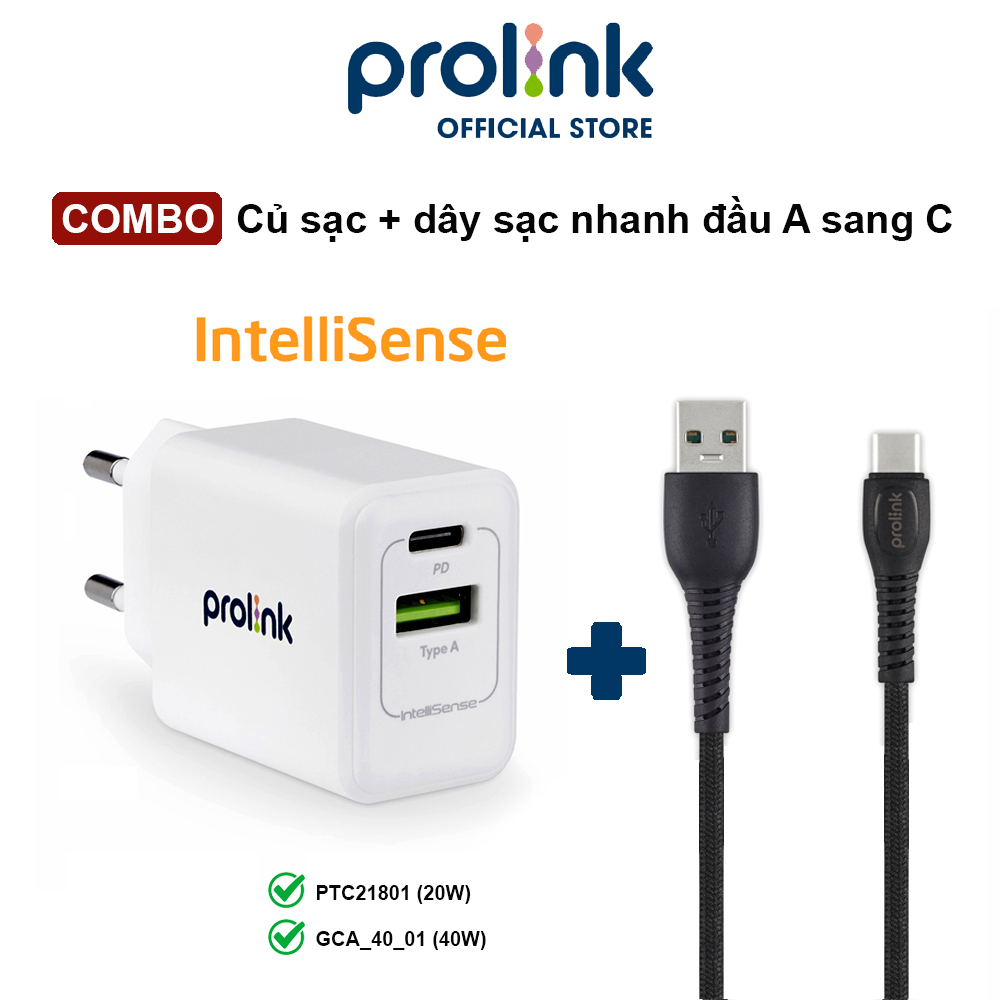 COMBO Củ sạc + dây sạc nhanh PROLiNK PTC21801 &amp; GCA_40_01 đầu A sang C dành cho điện thoại, máy tính bảng - Hàng chính hãng