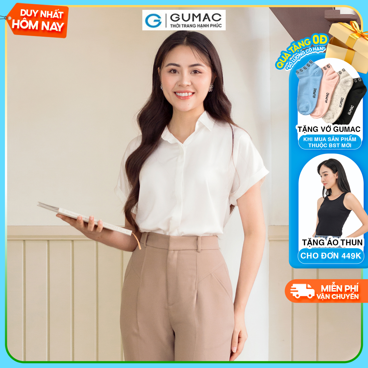 Áo sơ mi nữ tay ngắn liền lai lật nẹp che nút công sở thanh lịch thời trang GUMAC AD06017