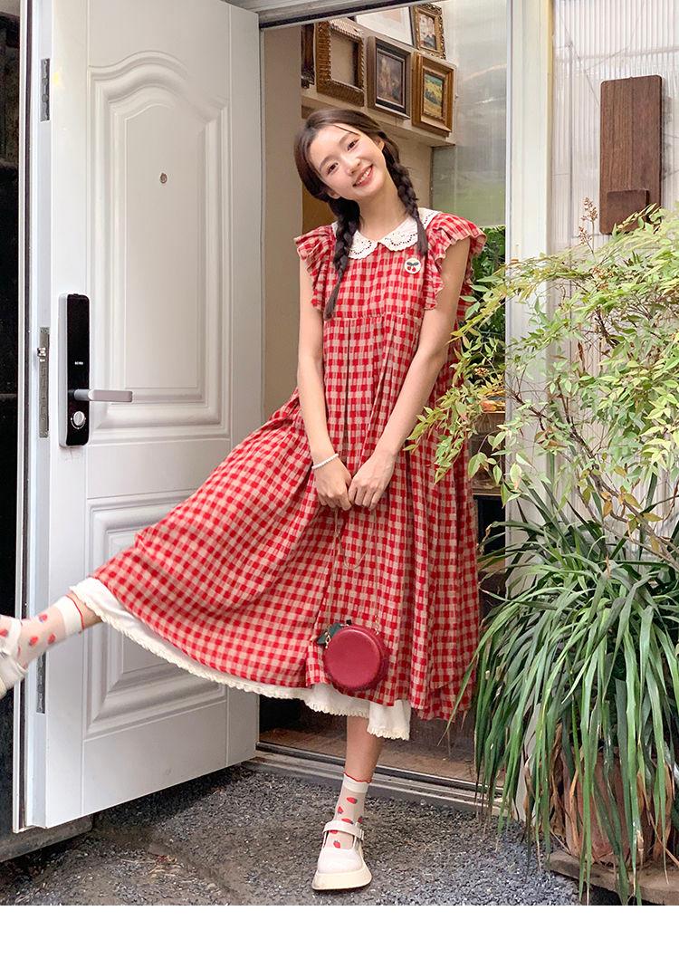 CHENGRUI Vintage búp bê cổ cherry thêu đầm mùa hè 2023 lỏng lẻo ngọt ngào thiết kế cảm giác váy sọc đỏ