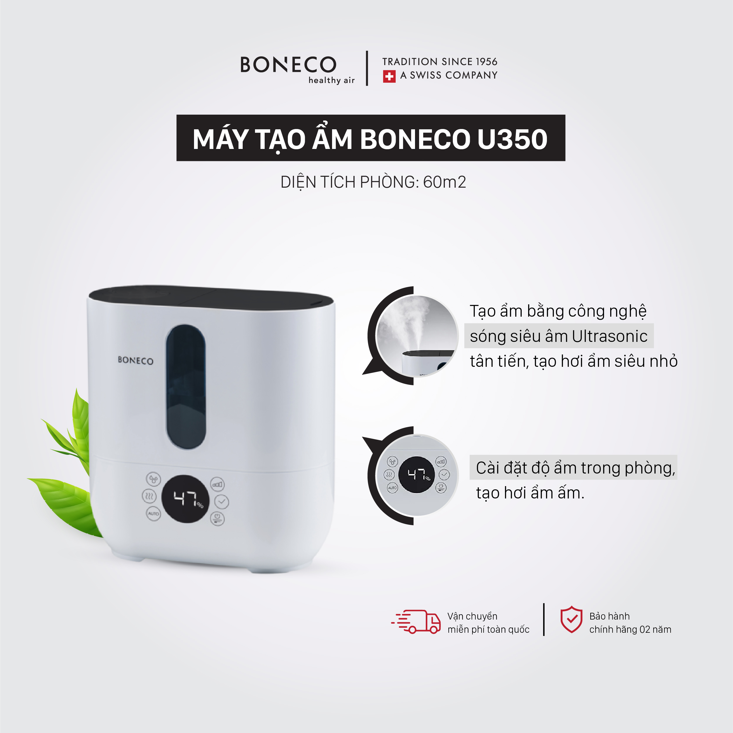 Máy Phun Sương Tạo Ẩm BONECO U350 Sương Nano Làm Mát Nhà, Tạo Độ Ẩm Không Khí, Xông Tinh Dầu Thơm Phòng (60m2) - Hàng Chính Hãng