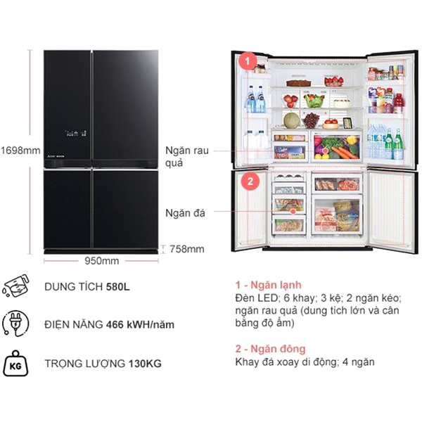 Tủ Lạnh Inverter Mitsubishi Electric MR-L72EN-GBK (580L) - Hàng chính hãng
