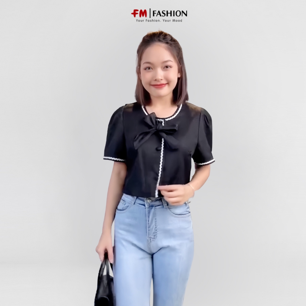 Áo kiểu nữ Fm Style tay ngắn cổ tròn phối viền ren ziczac kèm nơ thời trang tiểu thư phong cách Hàn Quốc 210310006