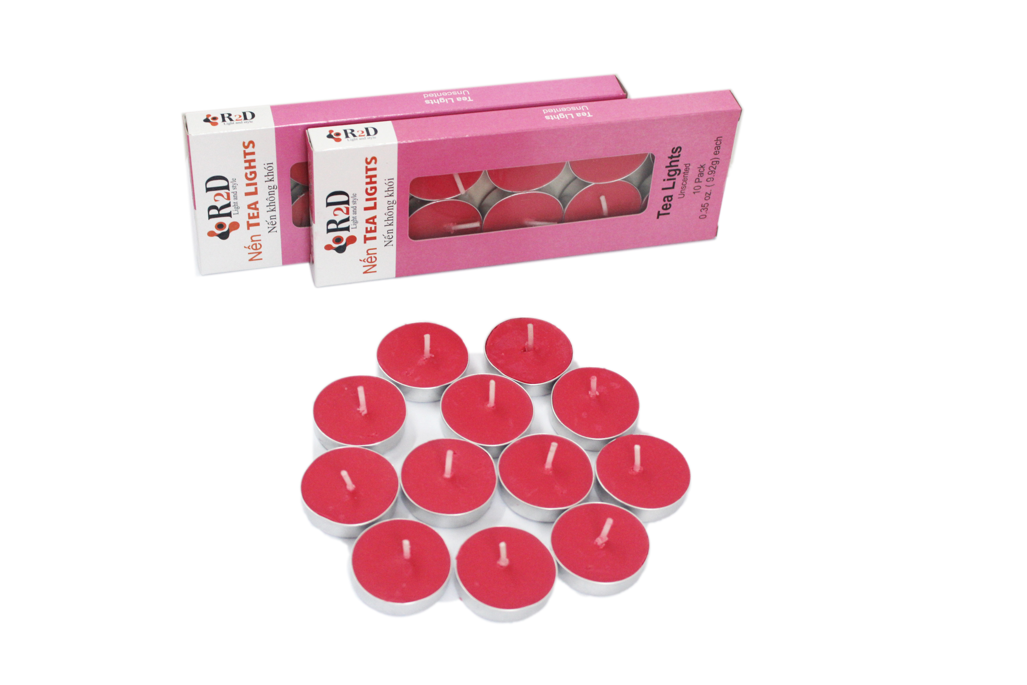 COMBO 10 HỘP NẾN TEALIGHT - ĐỎ -  ĐẾN TỪ THƯƠNG HIỆU R2D, LÀM TỪ SÁP CỌ, DẦU DỪA, TINH DẦU, THÀNH PHẦN TỰ NHIÊN, LÀNH TÍNH.