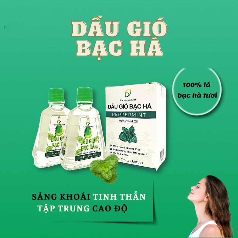 Dầu Gió Bạc Hà The Moshav Farm - Chiết Xuất Từ 100% Lá Bạc Hà Tươi Giảm Đau Đầu, Chống Say Tàu Xe , Sảng Khoái Tinh Thần, Tập Trung Cao Độ - Hộp 2 Chai 7ml