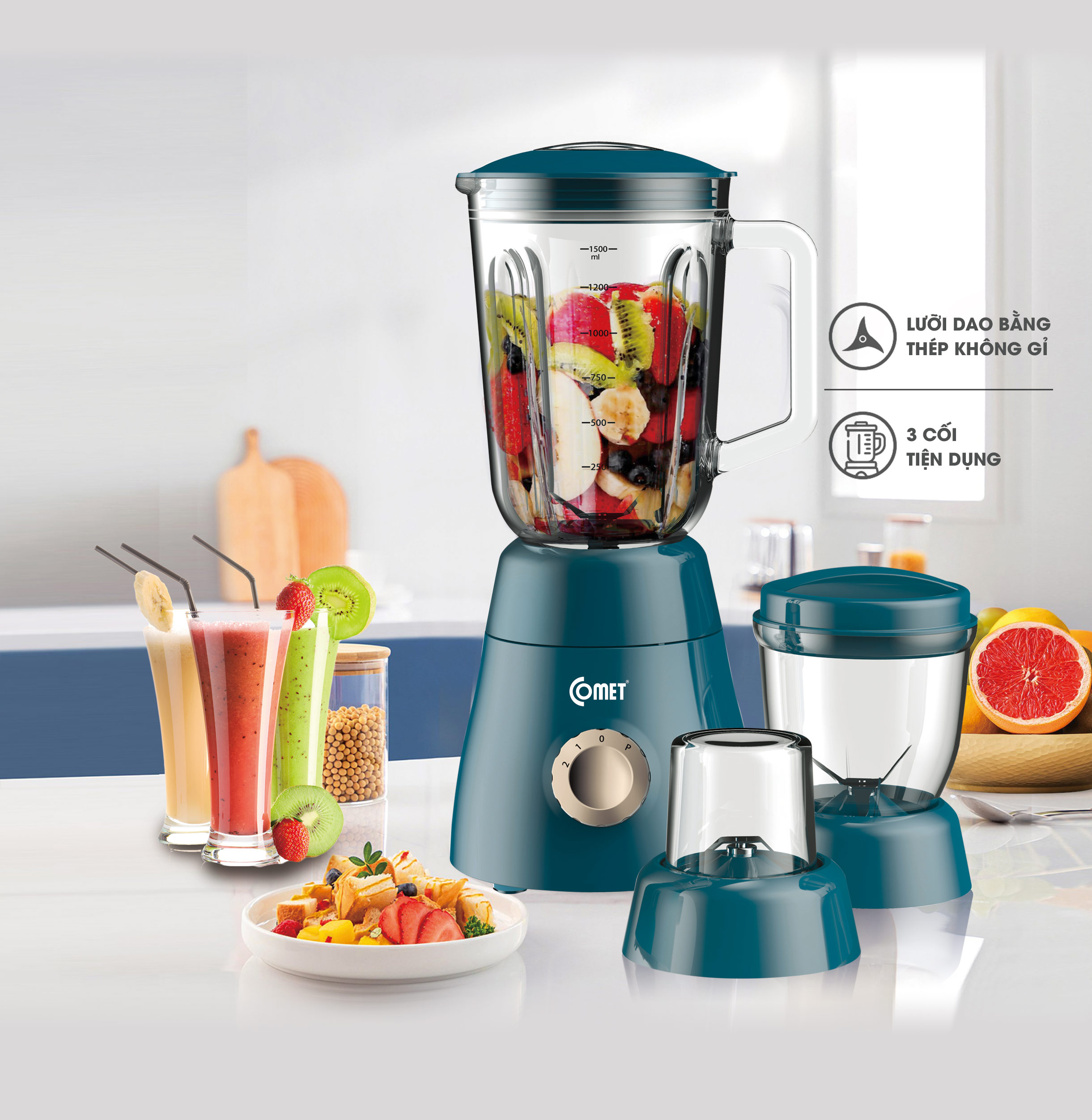 Máy xay sinh tố Comet CM9979 – 3 cối thủy tinh và nhựa cao cấp, công suất 450W – Xay sinh tố, thịt, hạt – Dung tích 1.5L – Hàng chính hãng, bảo hành 1 năm