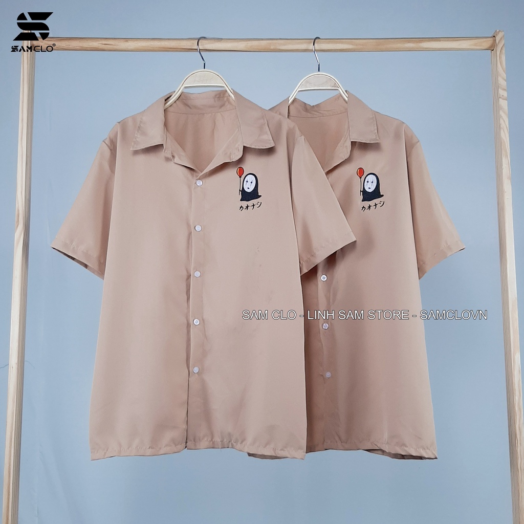 Áo sơ mi nữ cổ bẻ tay ngắn phong cách ulzzang dáng unisex freesize form rộng in hình VÔ DIỆN màu nude