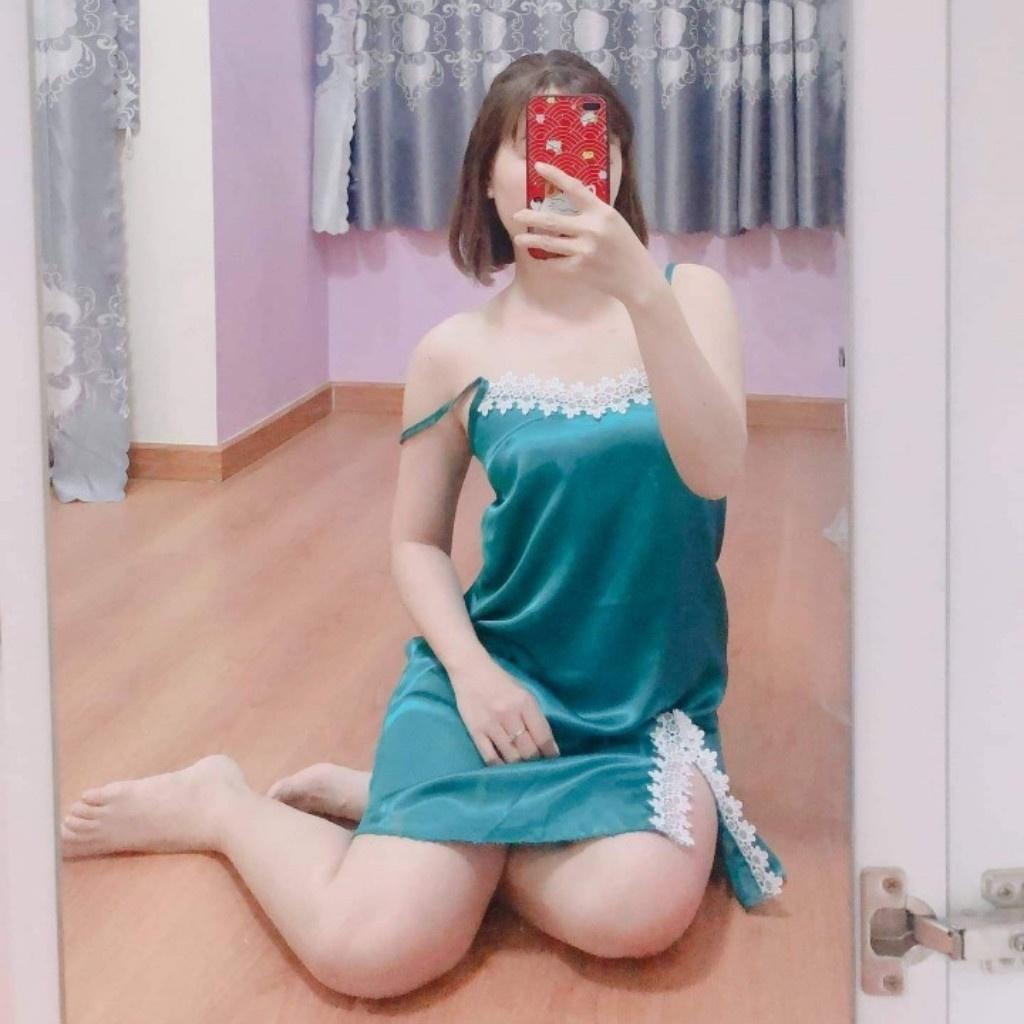 Đầm ngủ 2 dây sexy gợi cảm bigsize, váy ngủ nữ lụa satin phối ren mặc mát thoải mái