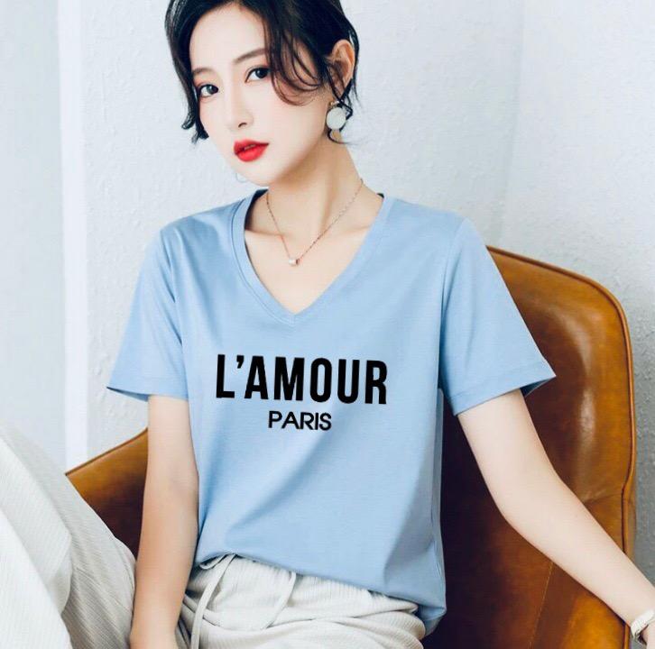 Áo thun nữ MXM form rộng cổ tim in chữ L'Amour cực xinh thun cotton 4 chiều từ 45-60kg