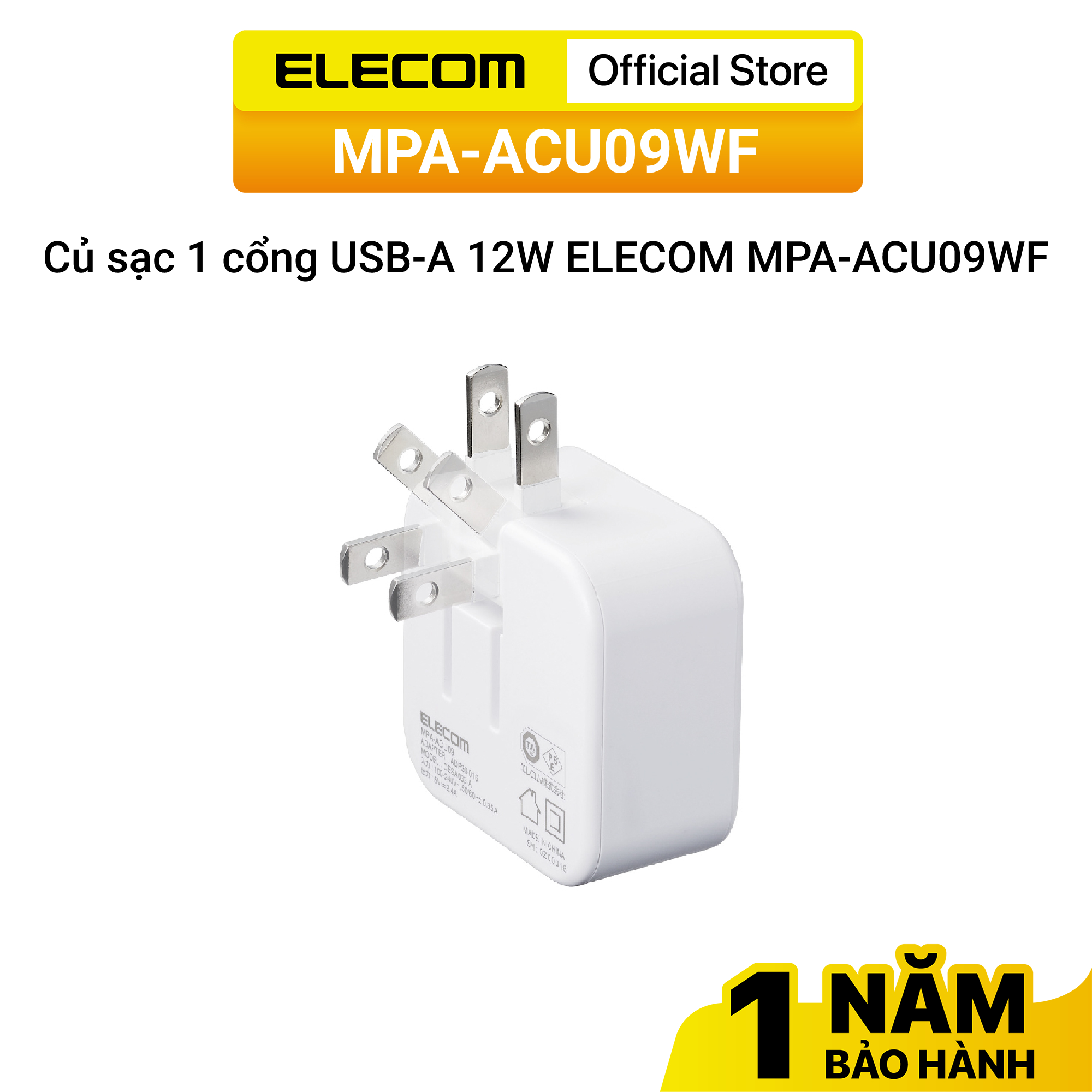 Củ sạc 1 cổng USB-A 12W ELECOM MPA-ACU09WF - Hàng chính hãng