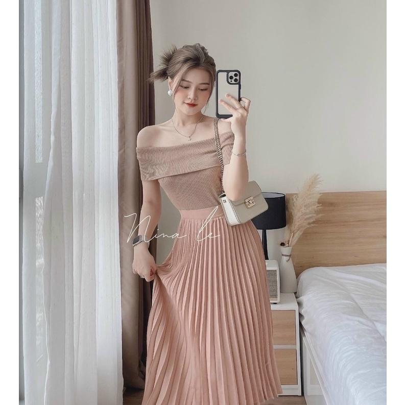 FREESHIP Set Bộ Đồ Nữ Áo Thun Gân Trễ Vai Kèm Chân Váy Sếp Ly Tiểu Thư Khoe Eo Tôn Dáng body KIM GIA DS