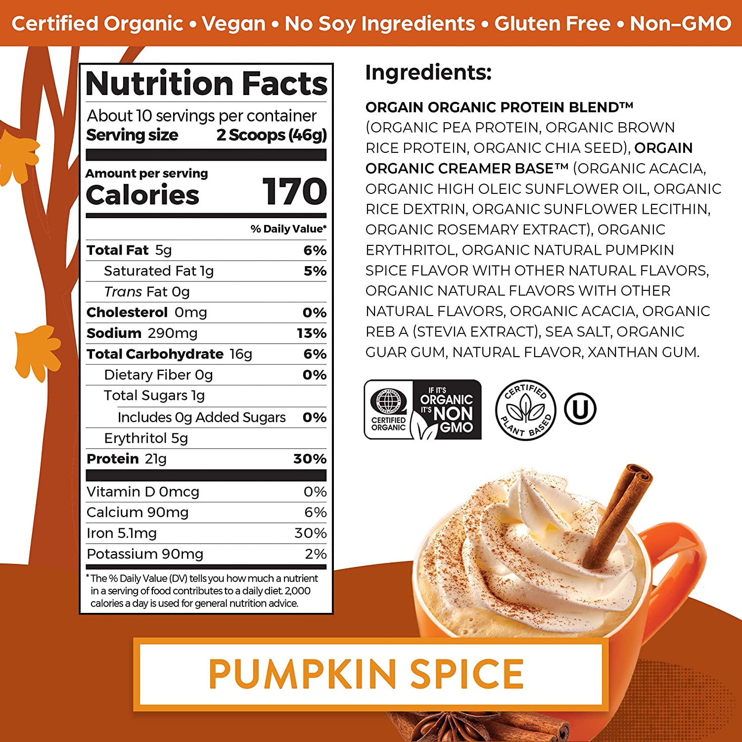 Bột đạm thuần chay hữu cơ Orgain Organic Protein Pumpkin Spice 462g