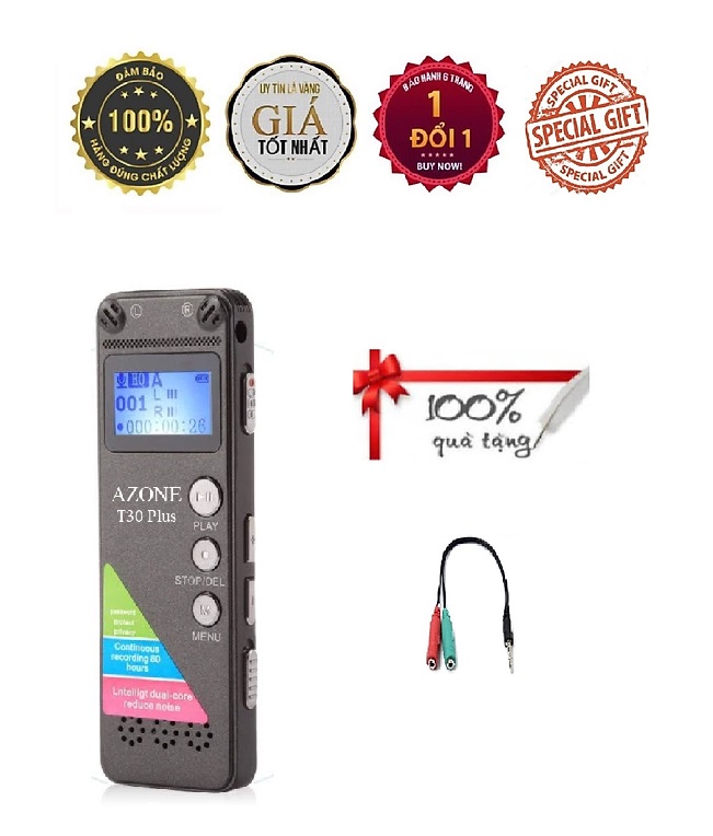 KHUYẾN MÃI KHỦNG, SỐ LƯỢNG CÓ HẠN - ROGTZ - Máy ghi âm Azone T30 Plus Ghi âm 80 giờ Dung lượng 8GB Micro kép Chống ồn chủ động Màn hình LCD Đa định dạng WMA, MP3, WAV Bảo mật Hội thảo Họp hành Ghi ý tưởng Hàng chính hãng