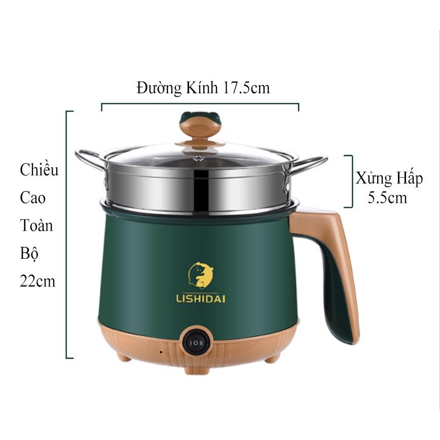 Ca nấu mì 1.8L SHANBAN đa năng có lồng hấp Inox Bếp lẩu điện nồi tráng men hấp, chiên, xào, lẩu, cháo, soup