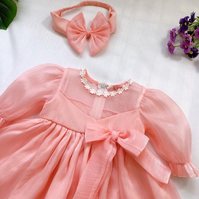 Váy Tơ Cam Bé Gái 4-28kg, Đầm Bé Gái Chất Tơ Ánh Nhũ Xinh Xắn
