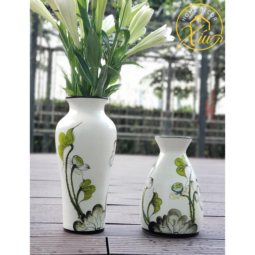 Bình hoa sứ Bát Tràng hoạ tiết sen vẽ tay - Dùng cắm hoa sen, hoa ly, hoa loa kèn, hướng dương