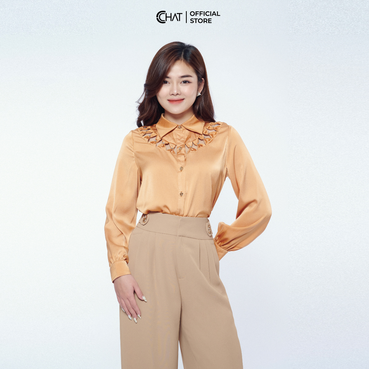 Áo Sơ Mi Nữ CCHAT Phối Nơ Kiểu Ngực Chất Lụa Cao Cấp Dáng Suông Phong Cách Trẻ Trung 12FDL8010ST