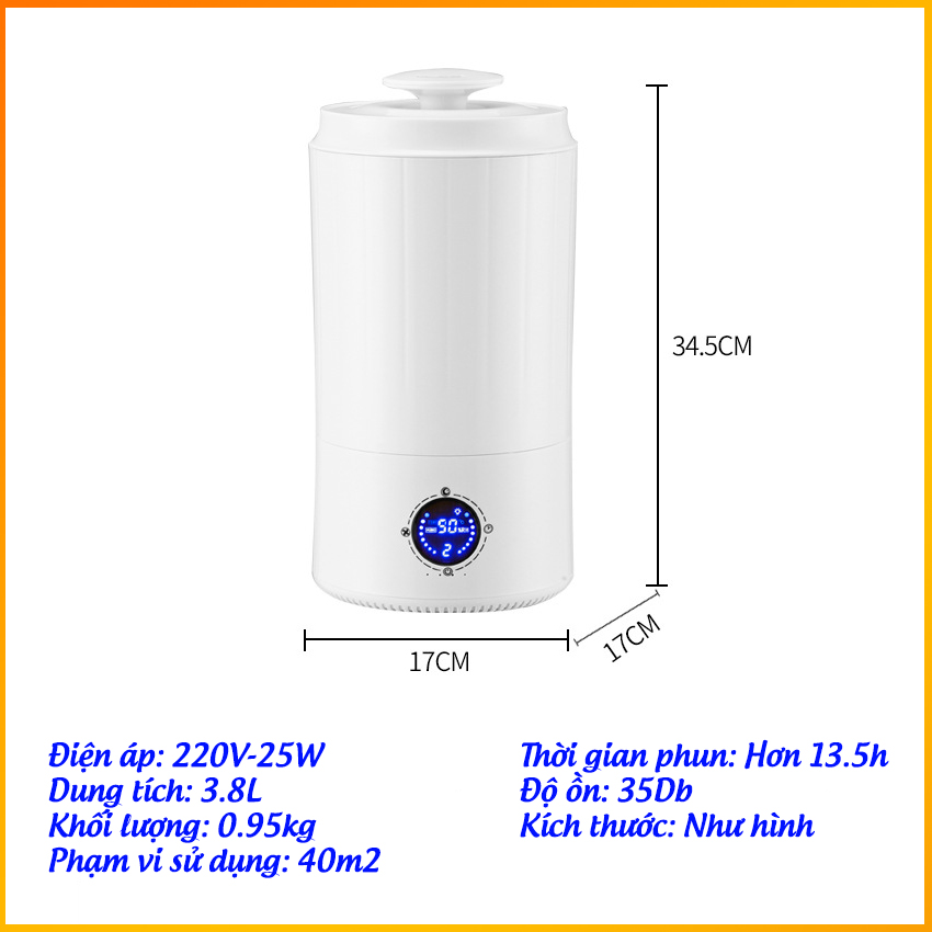 Máy phun sương tạo ẩm, Dung tích lớn 3.8L có núm vặn điều khiển chế độ phun sương, sử dụng tối đa lên đến 12h, thiết kế hiện đại, sang trọng