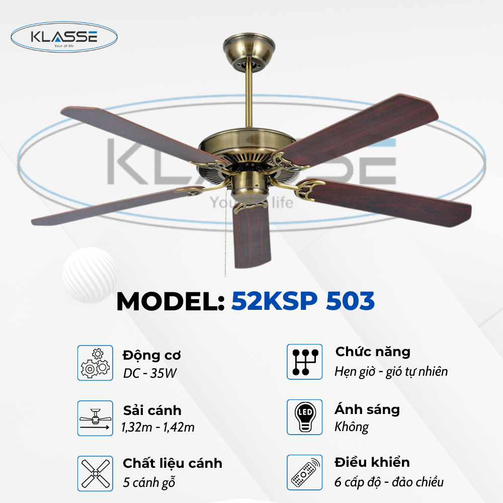 Quạt trần cánh gỗ không đèn Klasse 52KSP 503 Hàng chính hãng