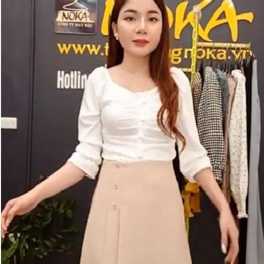 Áo Kiểu Nữ, Dài Tay, Đính Khuy Bọc, Mặc 2 Kiểu Siêu Xinh