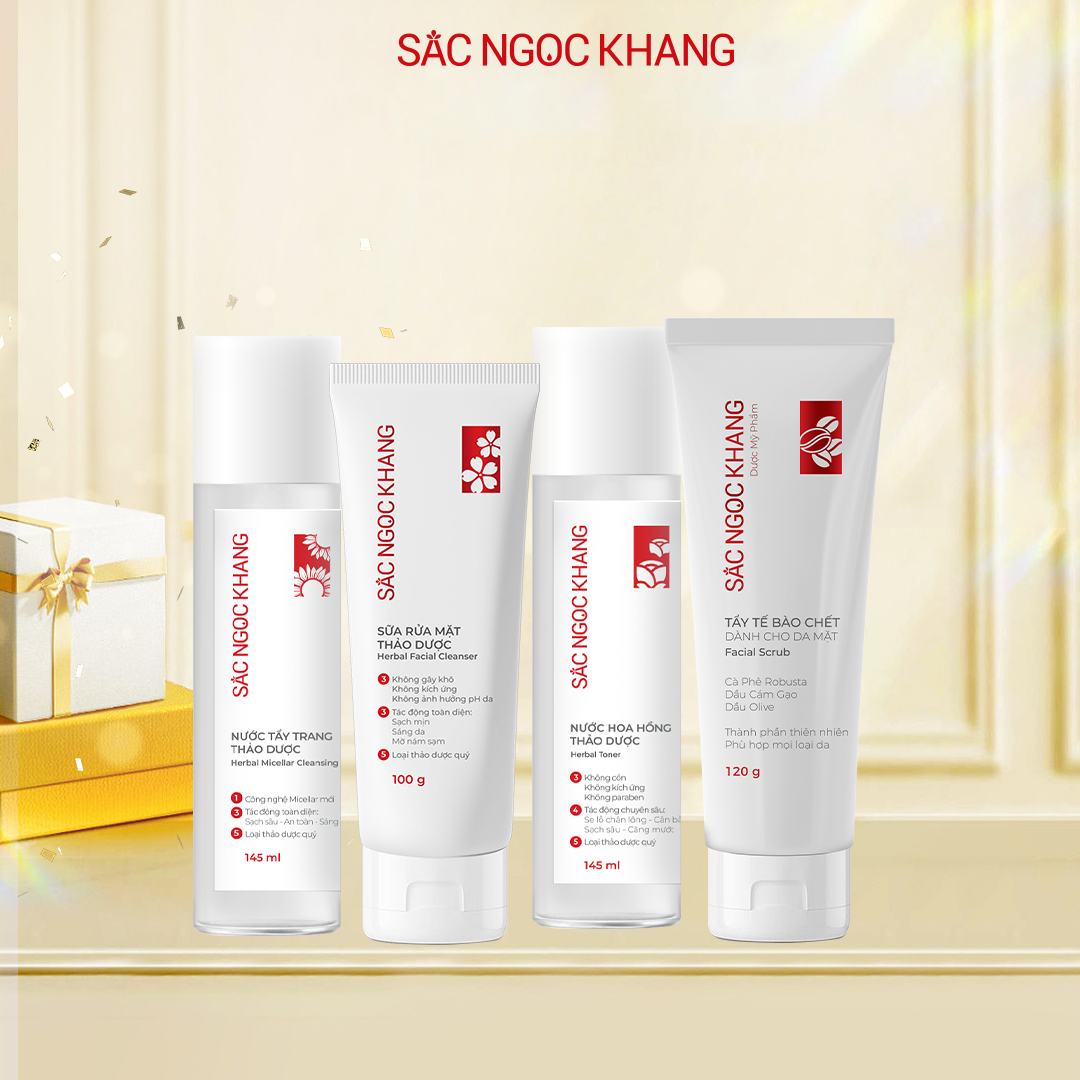 Combo làm sạch da chuyên sâu SẮC NGỌC KHANG Nước tẩy trang, Nước hoa hồng, Sữa rửa mặt 100g,Tẩy tế bào chết 120g