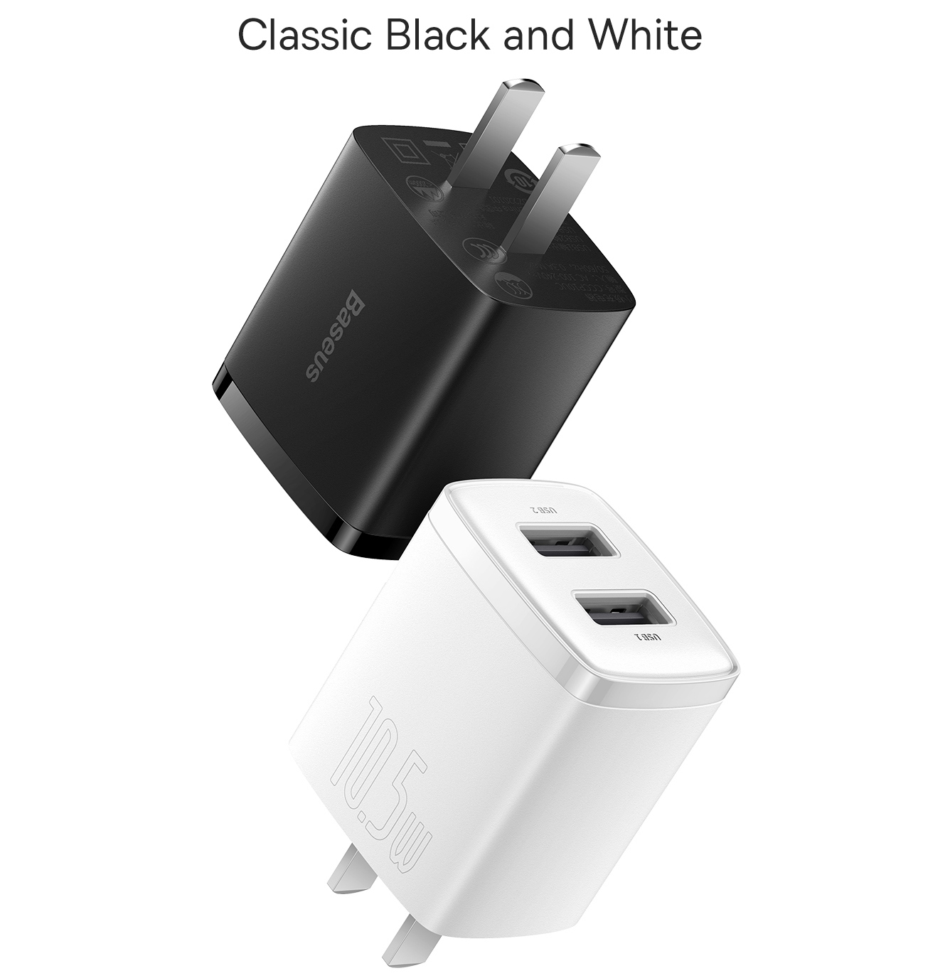 Cóc củ sạc adapter sạc nhanh 10.5W đa năng 2 cổng USB A hiệu Baseus Compact Charger trang bị chip sạc thông minh,  công nghệ tản nhiệt BCT, chân cắm US-UK - hàng nhập khẩu