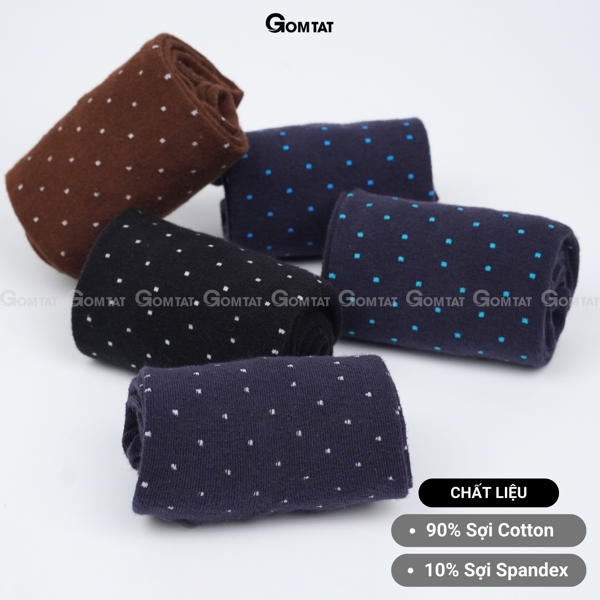 Hộp 5 đôi tất đi giày tây họa tiết chấm bi, vớ nam công sở cổ cao cao cấp, chất cotton hút ẩm, thoáng khí - GOM-CHAMBI-CB5