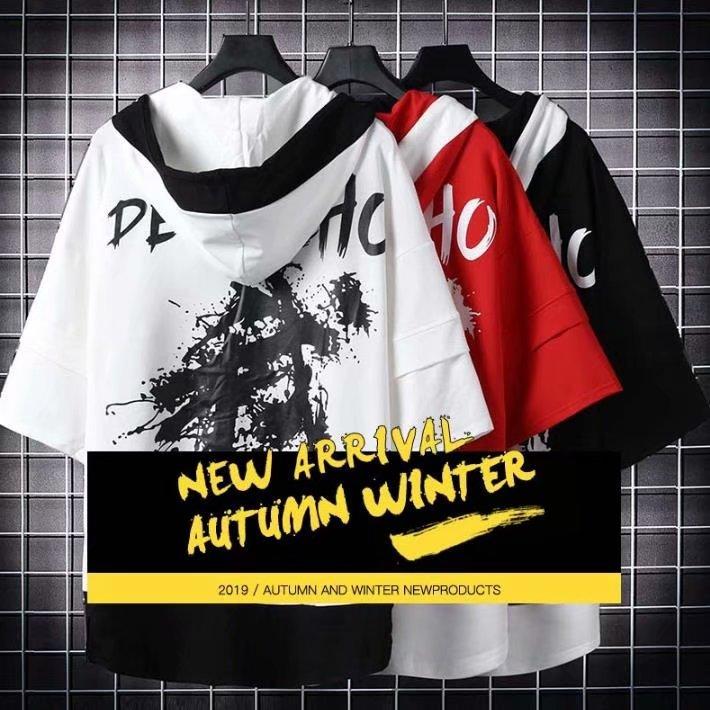 Áo Hoodie Ngắn Tay Form Rộng In Họa Tiết Phong Cách Trung Hoa Dành Cho Nam 2 Màu
