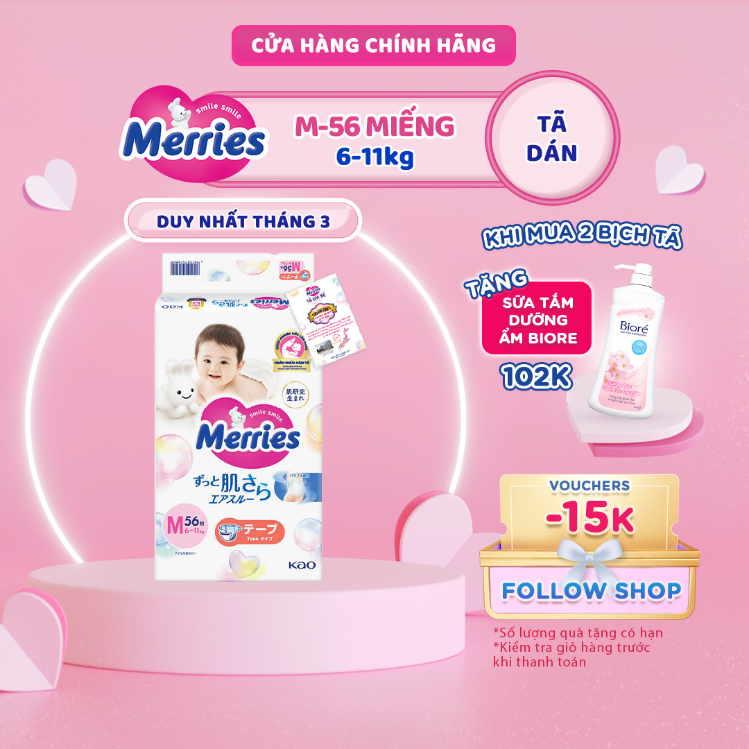Tã/bỉm dán Merries size M - 56 miếng (dành cho bé từ 6 - 11kg)