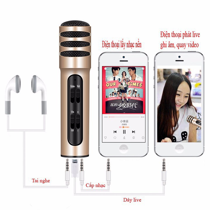 Micro hát karaoke tích hợp live stream C7 cao cấp - cho hiệu ứng âm thanh cực đỉnh, có pin sạc