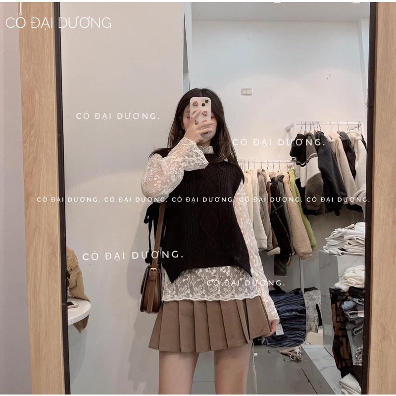 Set áo gile trơn buộc eo kèm áo ren cổ