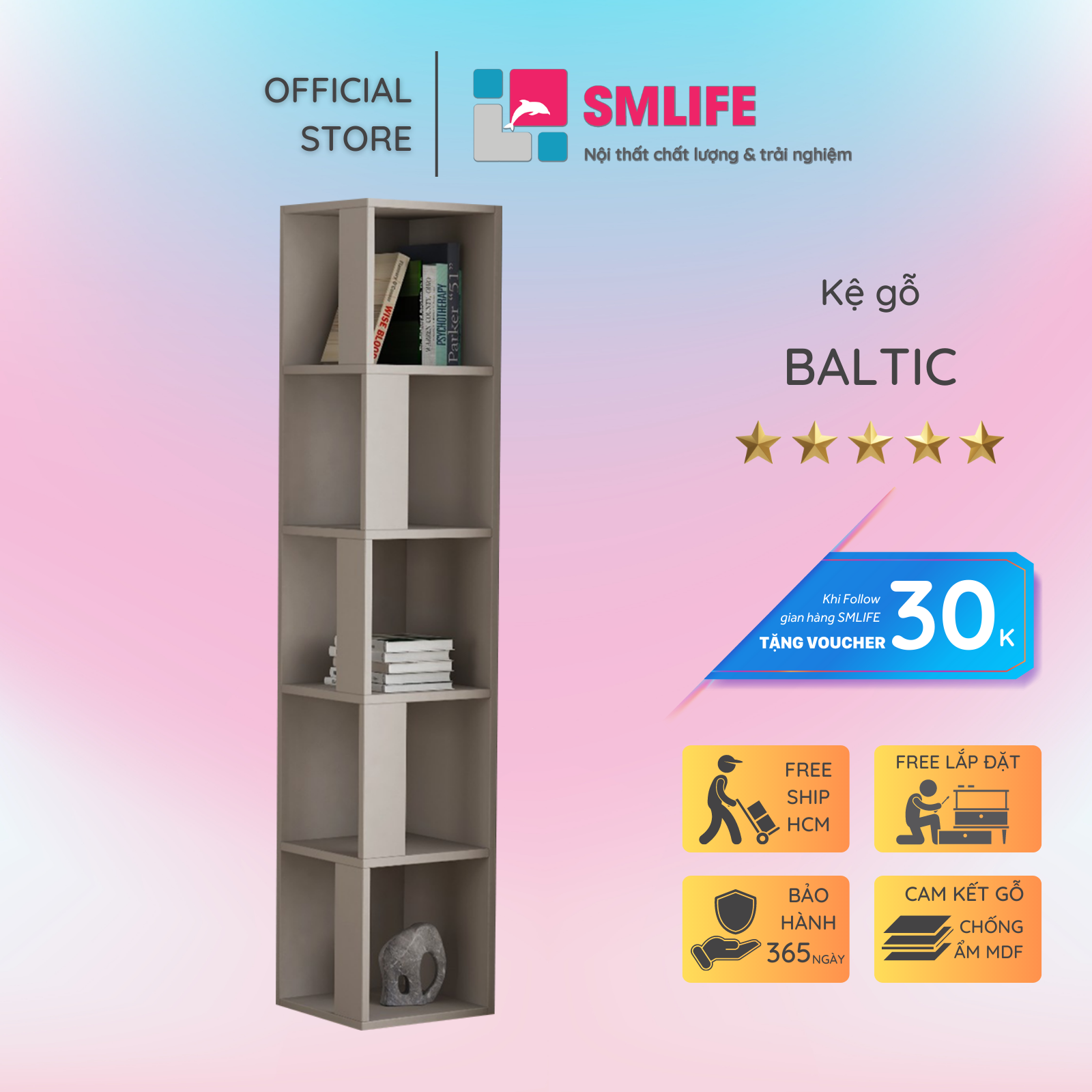 Kệ sách gỗ hiện đại SMLIFE Baltic | Gỗ MDF dày 17mm chống ẩm | D31.7xR31.7xC160cm