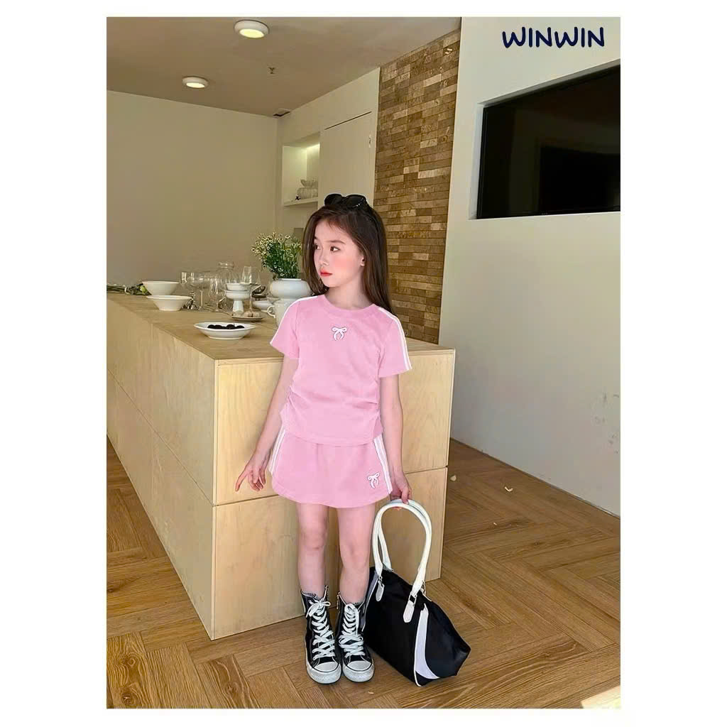 SET VÁY THUN THỂ THAO BÉ GÁI NGẮN TAY VIỀN SỌC IN NƠ TỪ 12-45KG CHO BÉ GÁI