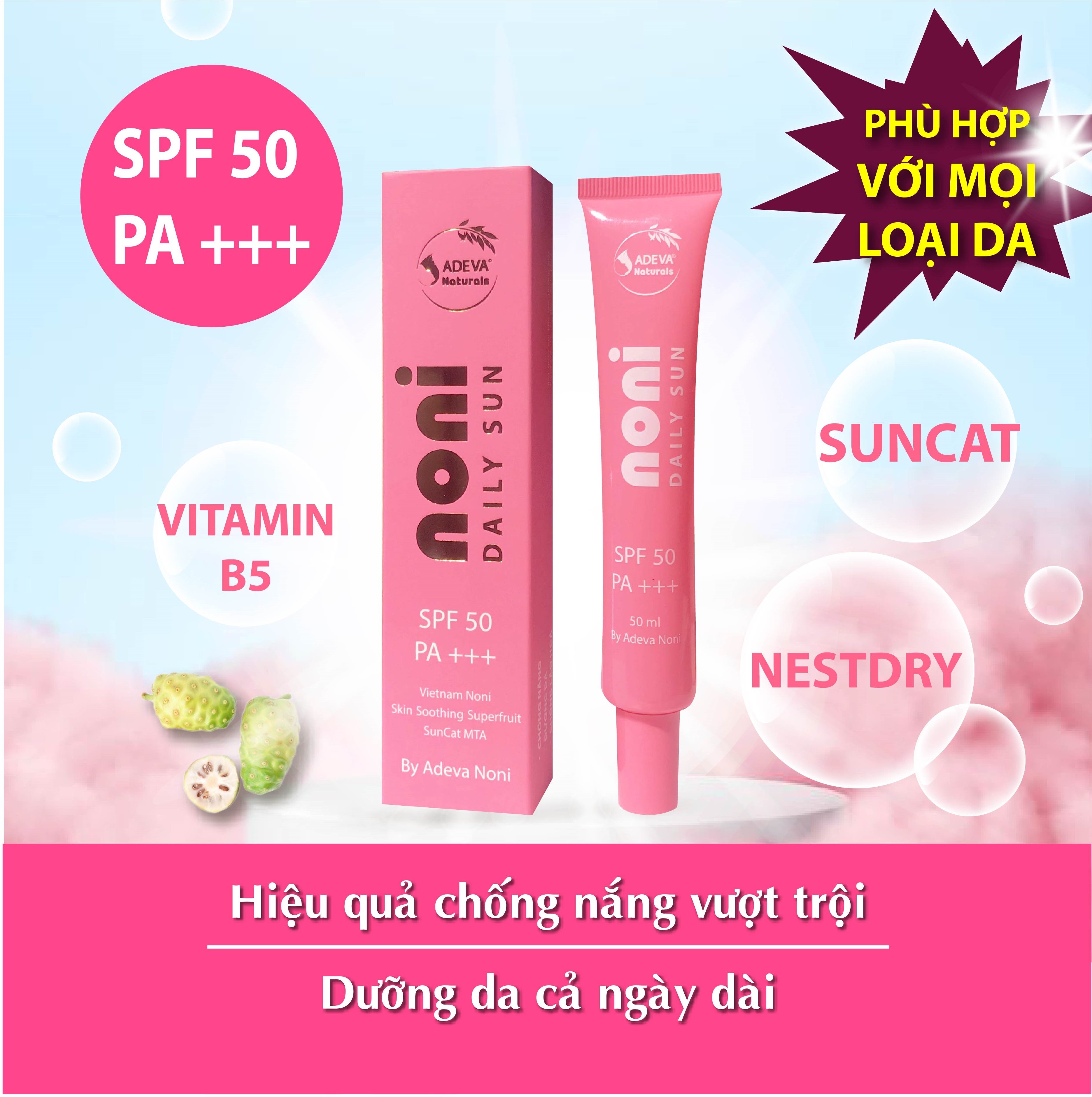 Bộ đôi Kem chống nắng dưỡng da từ thảo dược thiên nhiên Adeva Noni cho mặt và cho body - SPF 50+ PA+++, tặng kèm 1 son dưỡng môi không màu