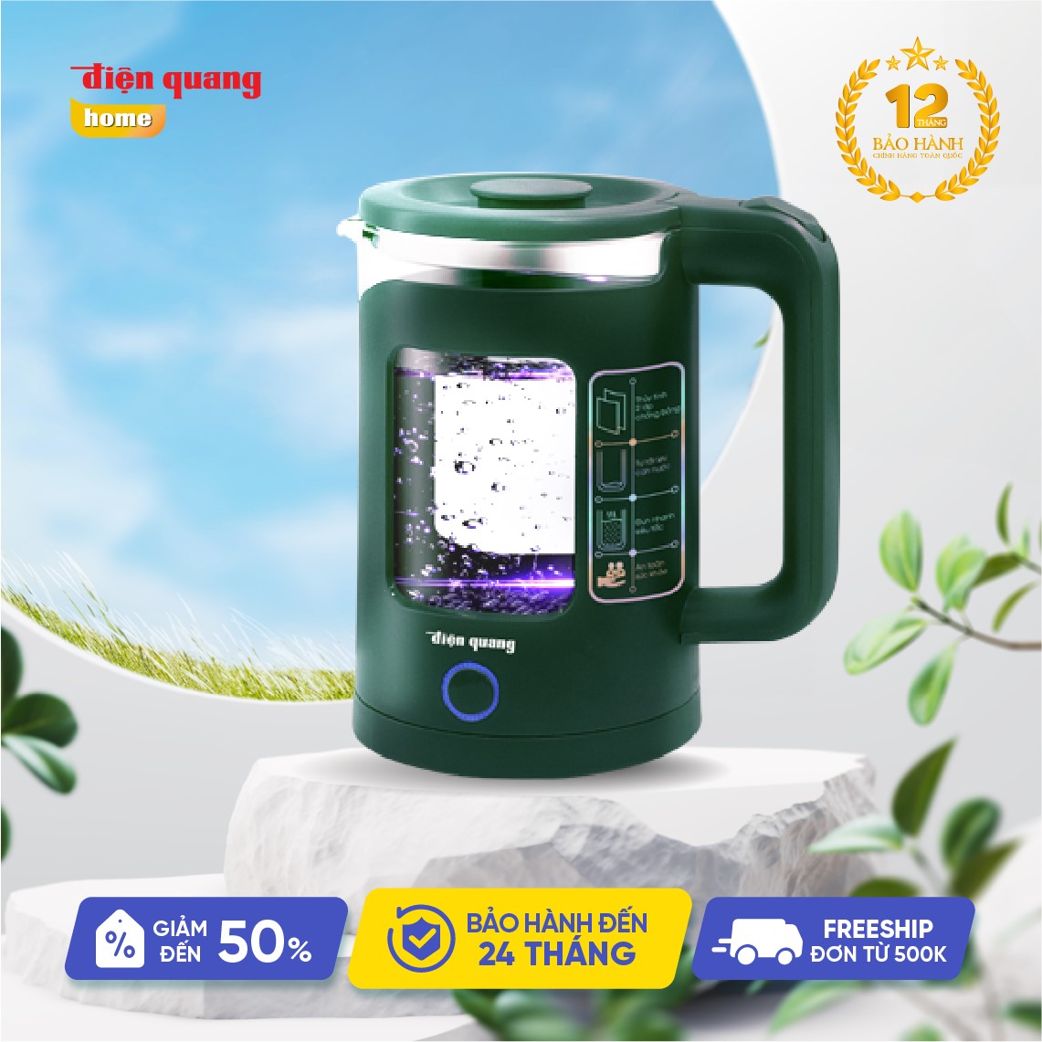 Hàng chính hãng Ấm đun nước siêu tốc Điện Quang ĐQ EKT16 1515 MG