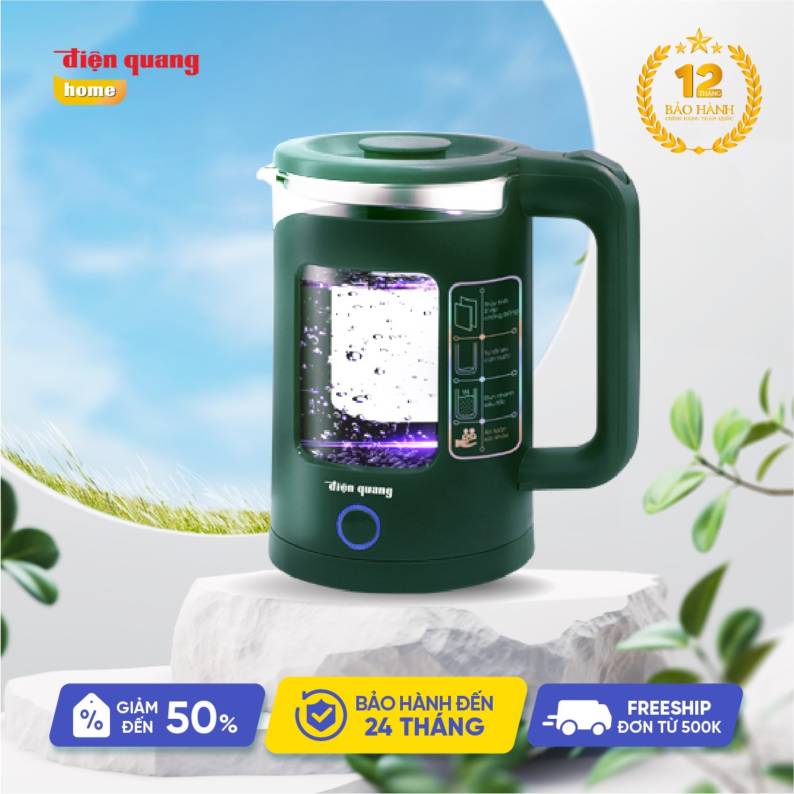 Hàng chính hãng Ấm đun nước siêu tốc Điện Quang ĐQ EKT16 1515 MG ( 1500W, 1.5L, inox 201, thủy tinh cách nhiệt, màu xanh rêu)