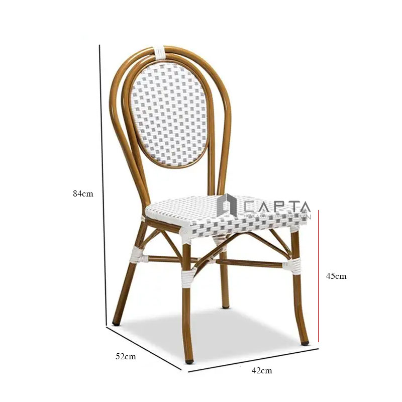 Ghế cafe nhà hàng CC2035A Nội thất Capta Ghế ngoài trời caro trắng xám tựa lưng tròn oval khung nhôm sơn tĩnh điện
