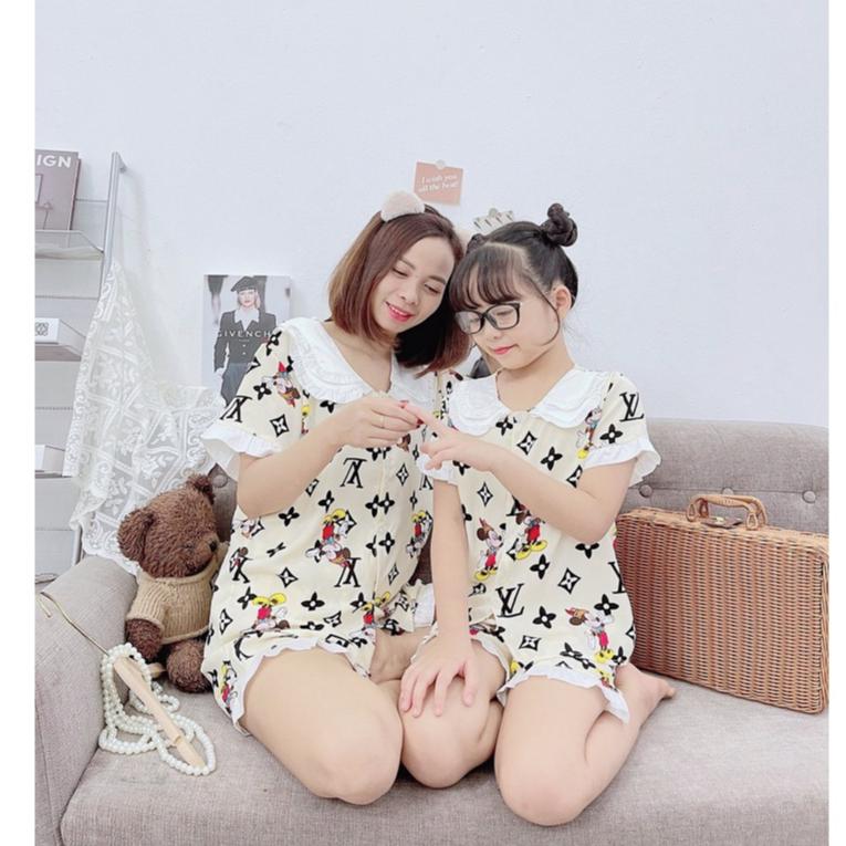 Đồ bộ bé gái, bộ pijama ngắn tay cho mẹ và bé size 35-55kg chất lụa mango mềm mát