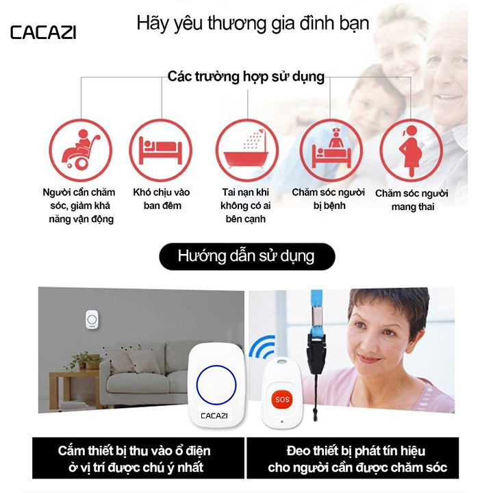 Thiết bị báo động không dây CACAZI chuyên dụng cho người già, bệnh nhân, người cần chăm sóc đặc biệt...