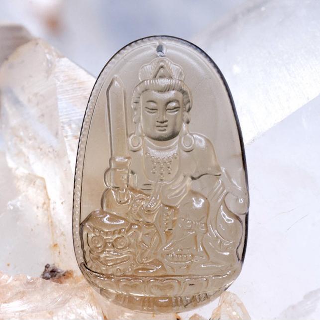 Mặt dây chuyền Văn Thù Bồ Tát Bồ Tát Thạch Anh Khói  tự nhiên - Phật Độ Mạng cho người tuổi Mão - PBMSMO03