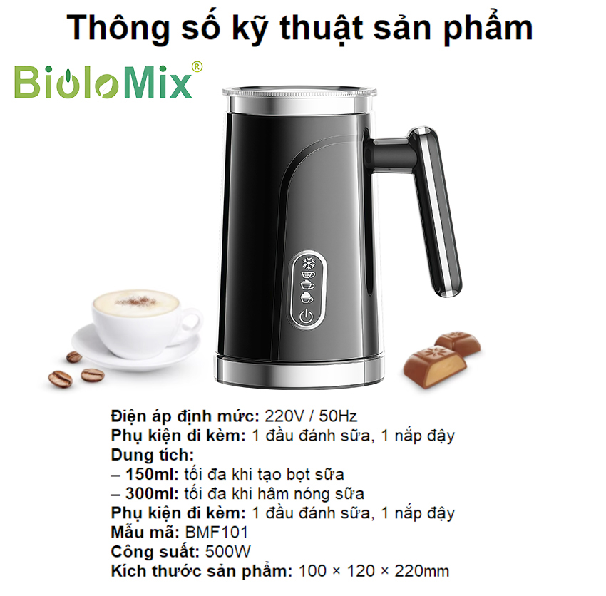 Máy tạo bọt sữa nóng và lạnh 4 trong 1. Thương hiệu Mỹ cao cấp Biolomix - BMF101. Hàng nhập khẩu