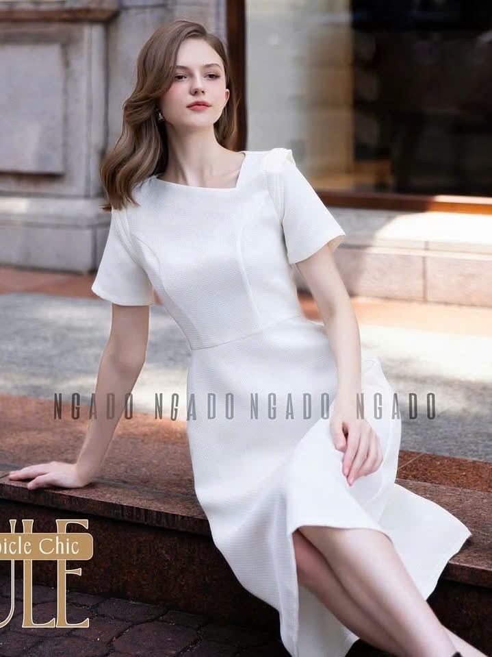 Đầm trắng cổ xéo NGADO , đầm dáng dài , đầm kiểu , đầm nữ , đầm dự tiệc
