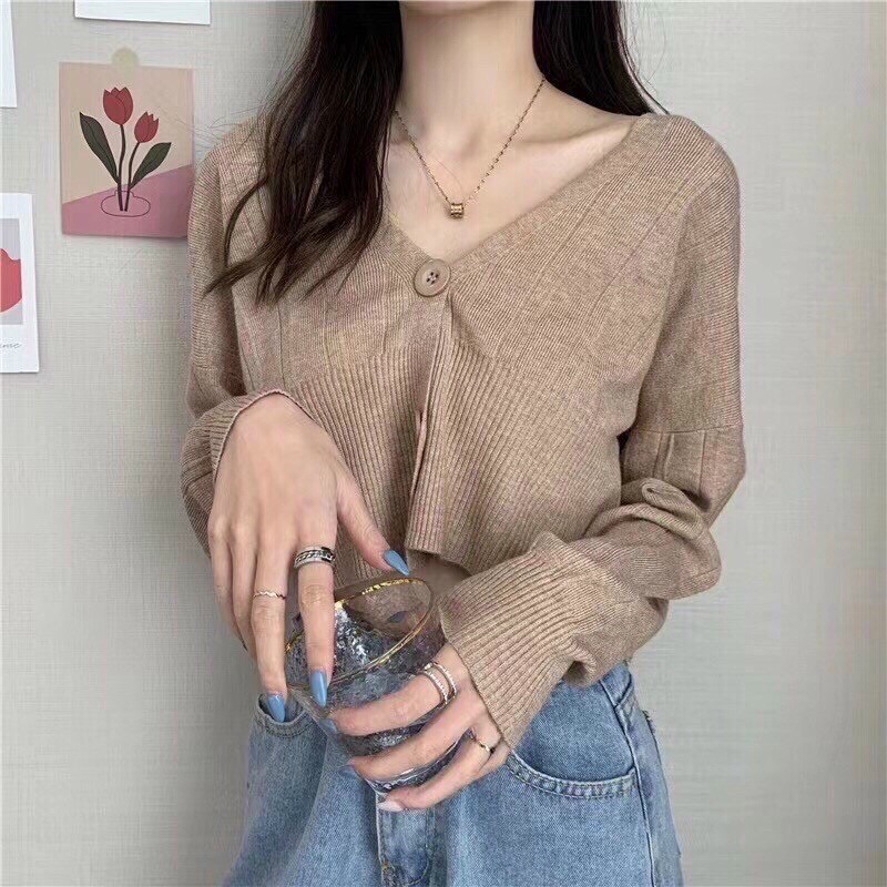Áo cardigan 2 cúc dáng croptop len mềm xinh xắn