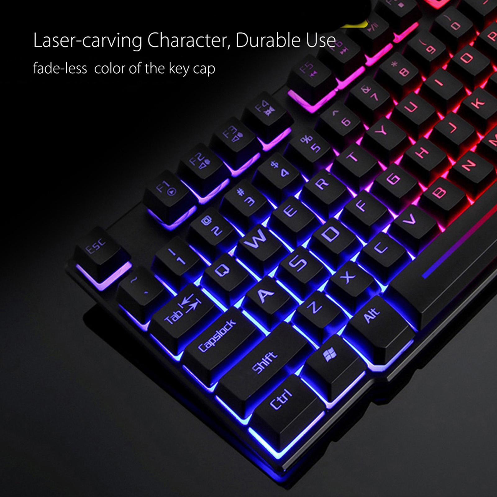T6 Rainbow LED USB Wired Gaming Keyboard & Mouse Pad Set for PC Laptop Black