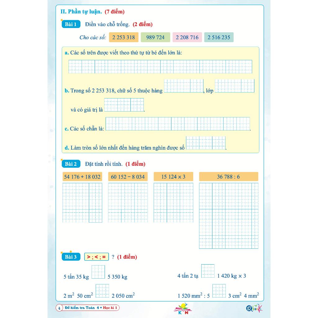 Sách Đề Kiểm Tra Toán Lớp 4 - Học Kì 1 - Kết Nối Tri Thức Với Cuộc Sống (1 cuốn) - Bản Quyền