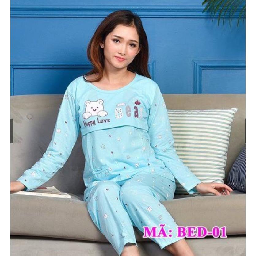 Bộ bầu sau sinh dài tay cotton lật ngực cho bé bú quần có chun chỉnh bụng cho mẹ áo lật vạt ti