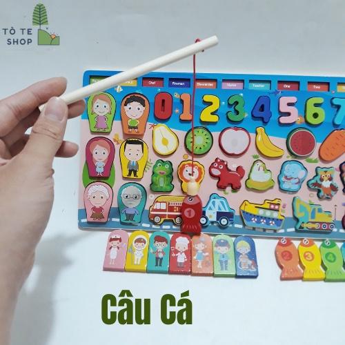 Bảng gỗ đa năng 5 trong 1, Bảng gỗ câu cá đa chức năng 63 chi tiết, đồ chơi gỗ thông minh học ghép chữ,số,phương tiện