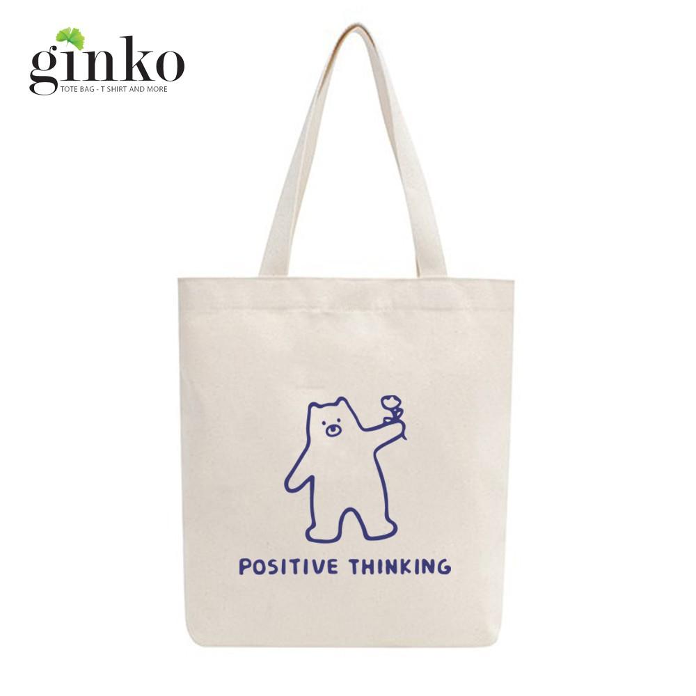 Túi Tote Vải Mộc Ginko kiểu basic có dây kéo khóa miệng túi đựng vừa laptop 14 inch và nhiều đồ dùng khác Hình Positive Thinking M01