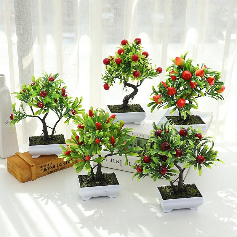 (Kèm chậu) Cây bonsai quýt, quất, lựu, ớt, nấm, dâu tây, cherry - Hoa giả trang trí, đề bàn