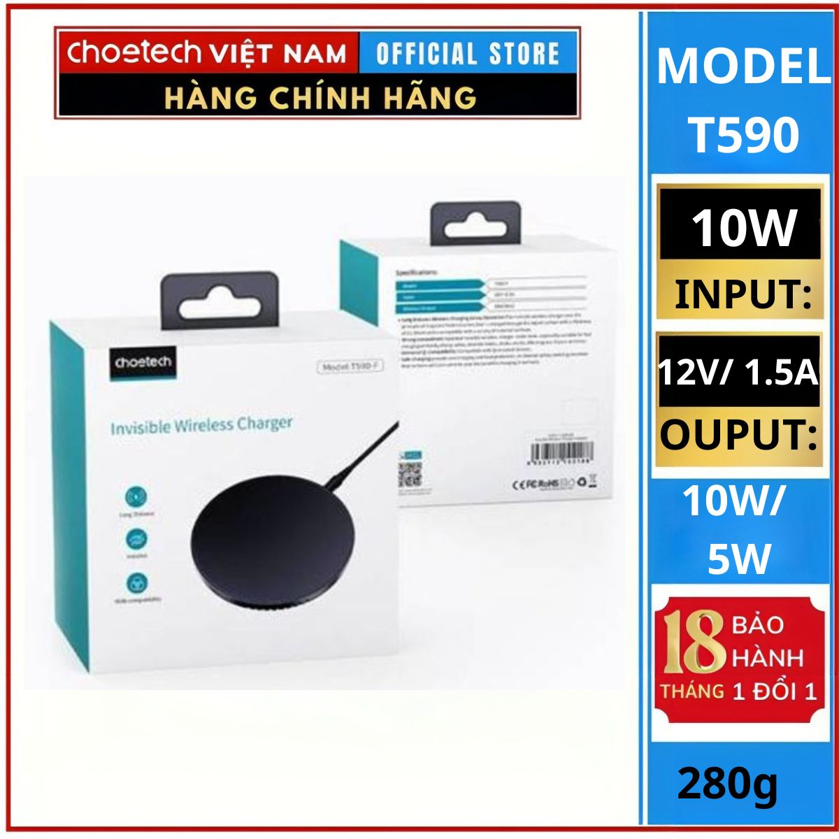 Đế sạc Choetech T590-F không dây tầm xa 10W 2in 1 cho điện thoại và tai nghe (HÀNG CHÍNH HÃNG)