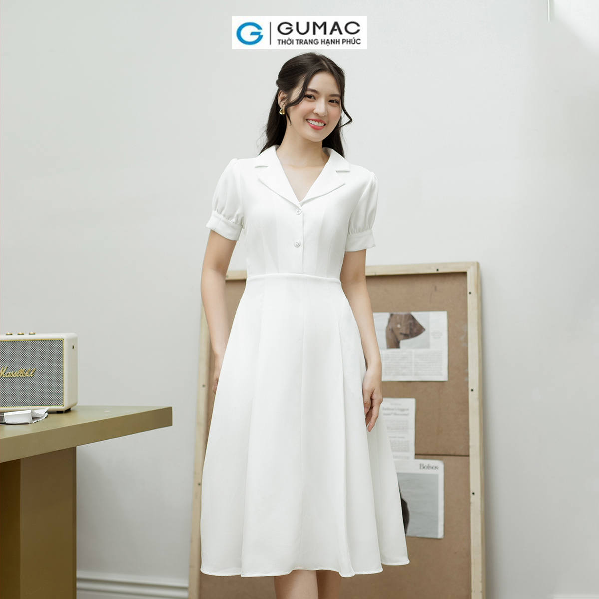 Đầm A xòe tay phồng GUMAC DD08048